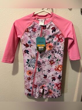 NWT Kids Pink Floral UPF 50+ Front-Zip Rashguard Swimsuit